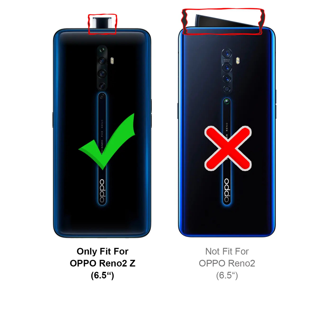 Zwei blaue Oppo Reno Handys von hinten. Links: Reno 2 Z mit Pop-up-Kamera, Haken. Rechts: Reno 2 mit Schwenkkamera, Kreuz.
