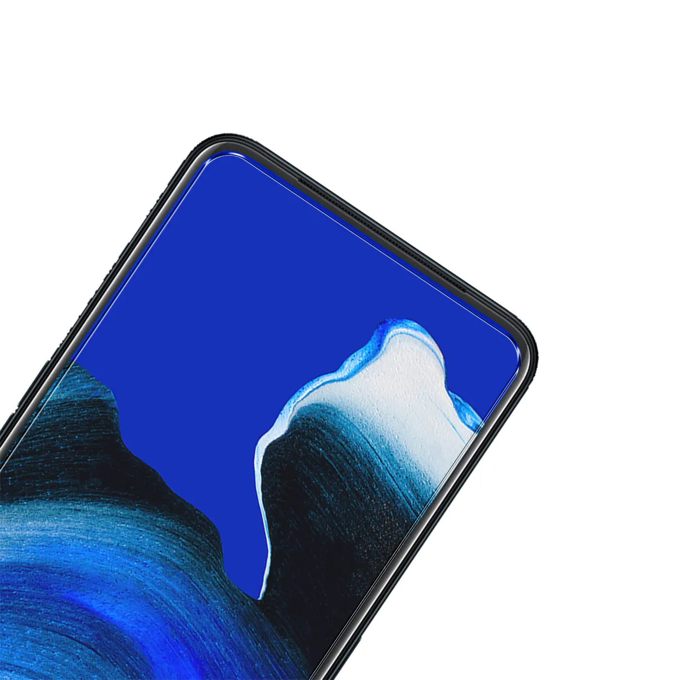 Nahaufnahme des oberen Bereichs eines schwarzen Oppo Reno 2 Z Smartphones mit blauem Display und aufgebrachtem Panzerglas.