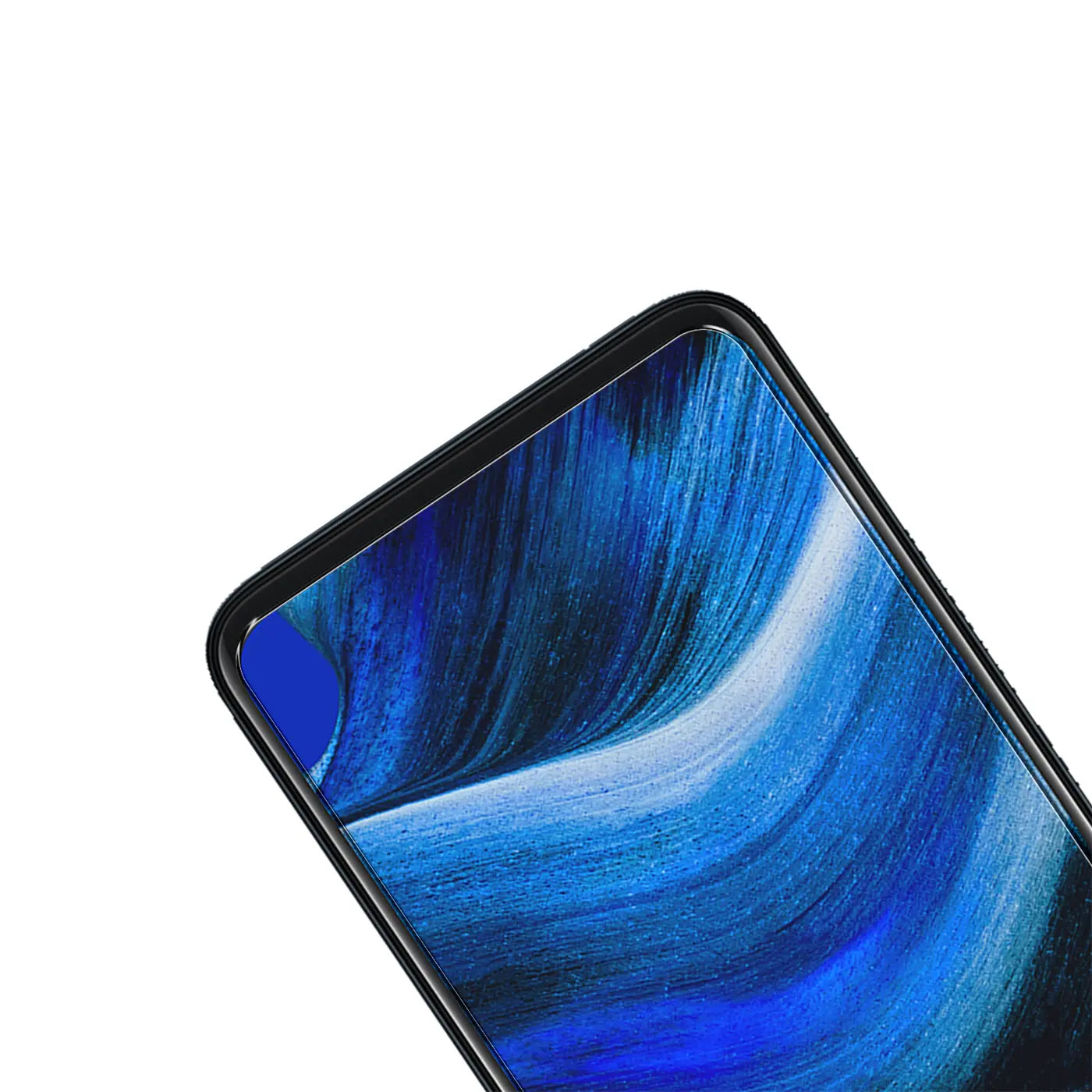 Oppo Reno 2 Z mit schwarzem Rahmen und blauem Display, von oben links nach unten rechts gekippt, mit Aussparung.