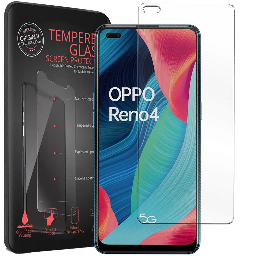 Schwarze Verpackung, Oppo Reno 4 Handy mit Display und zwei transparente Panzergläser von vorne, leicht schräg.
