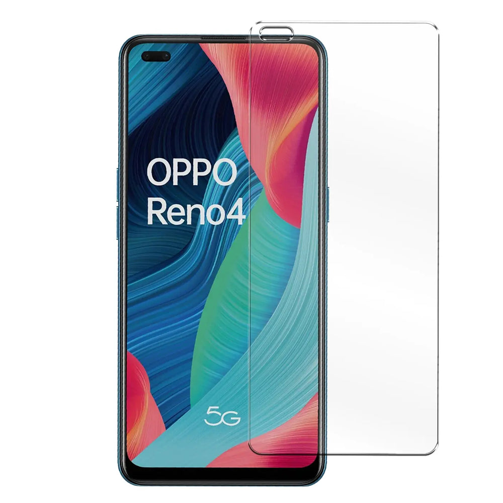 Oppo Reno 4 Smartphone mit teilweisem, transparentem Panzerglas-Displayschutz von vorne, leicht schräg.
