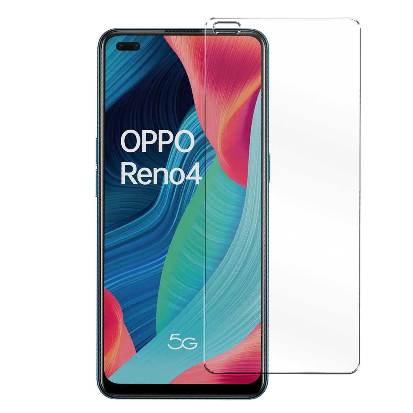 Oppo Reno 4 Smartphone mit teilweisem, transparentem Panzerglas-Displayschutz von vorne, leicht schräg.