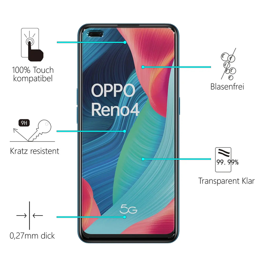 Oppo Reno 4 Smartphone, Frontansicht, mit Panzerglas-Displayschutz und Produktmerkmalen wie 9H Kratzfestigkeit.