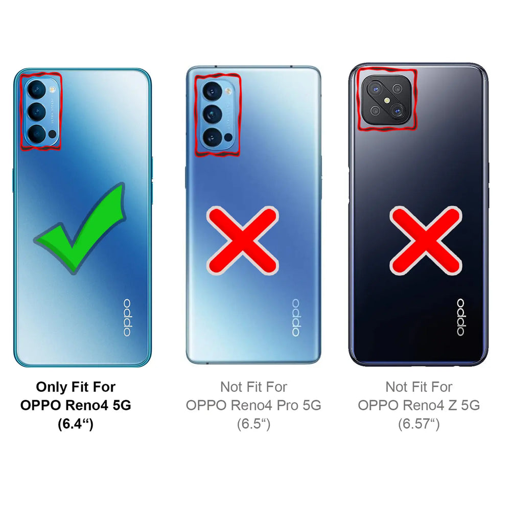 Rückansicht von drei Oppo Reno Smartphones (blau, blau, dunkelblau) mit Kameraausschnitten und Passform-Symbolen.