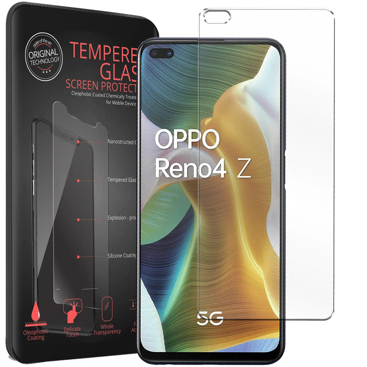 Schwarze Verpackung, Oppo Reno 4 Z 5G Smartphone und ein transparentes Panzerglas von vorne.