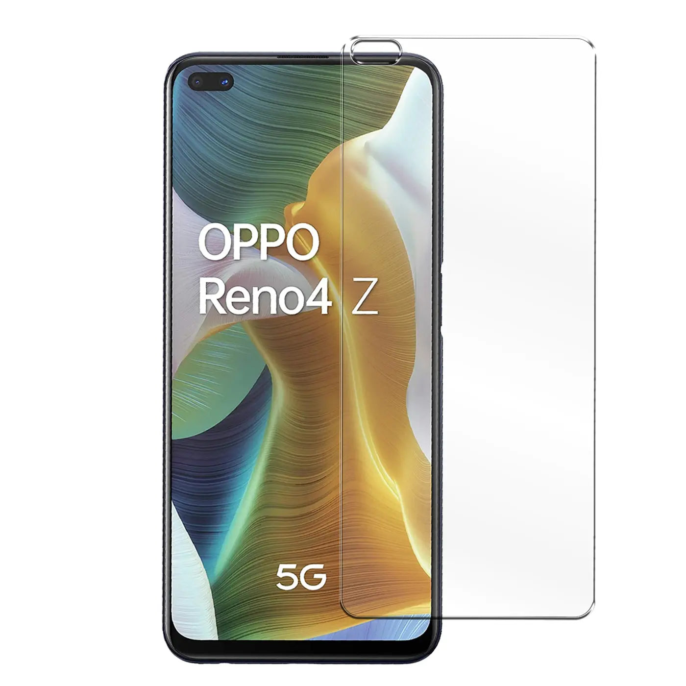 Schwarzes Oppo Reno 4 Z 5G Smartphone mit aufgelegtem, transparentem Panzerglas Displayschutz, frontal.