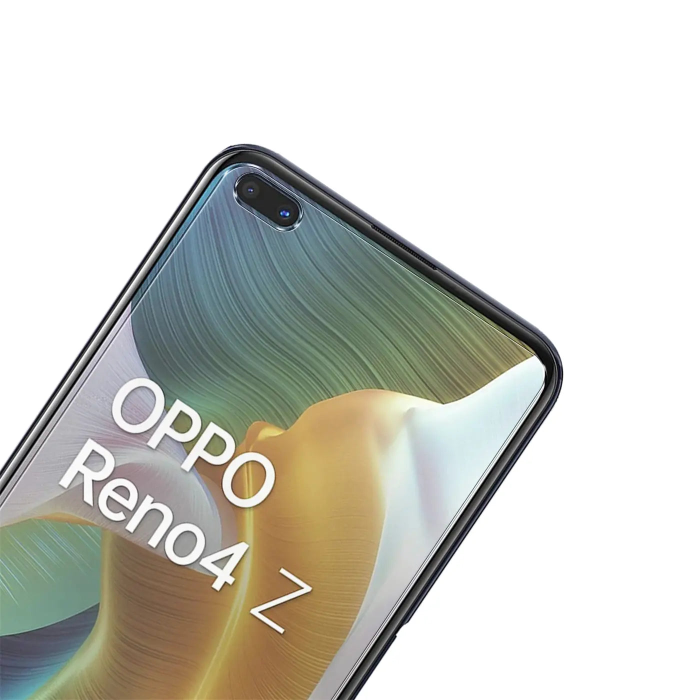 Nahaufnahme eines Oppo Reno 4 Z 5G Smartphones mit transparentem Panzerglas-Displayschutz, schräg von oben.