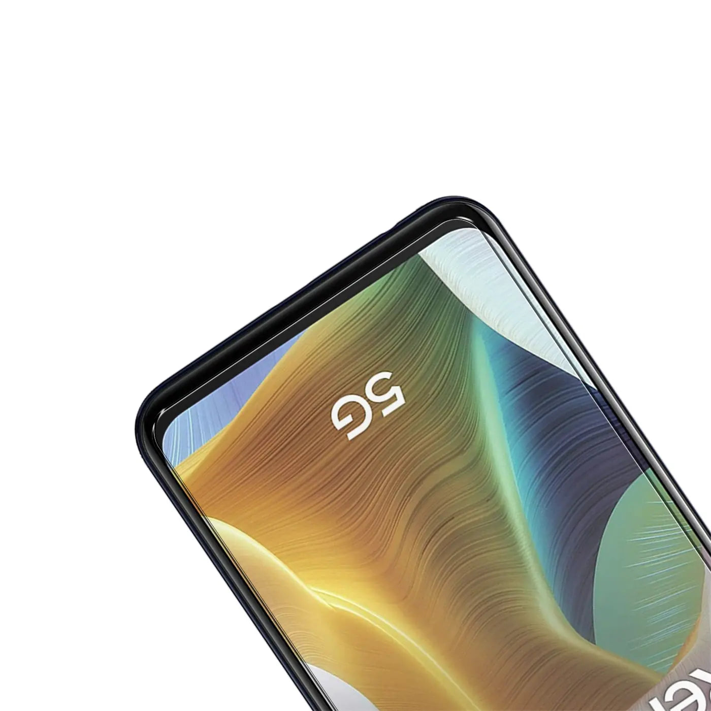 Nahaufnahme eines Oppo Reno 4 Z 5G mit schwarzem Rahmen und Displayschutz, schräg von oben.