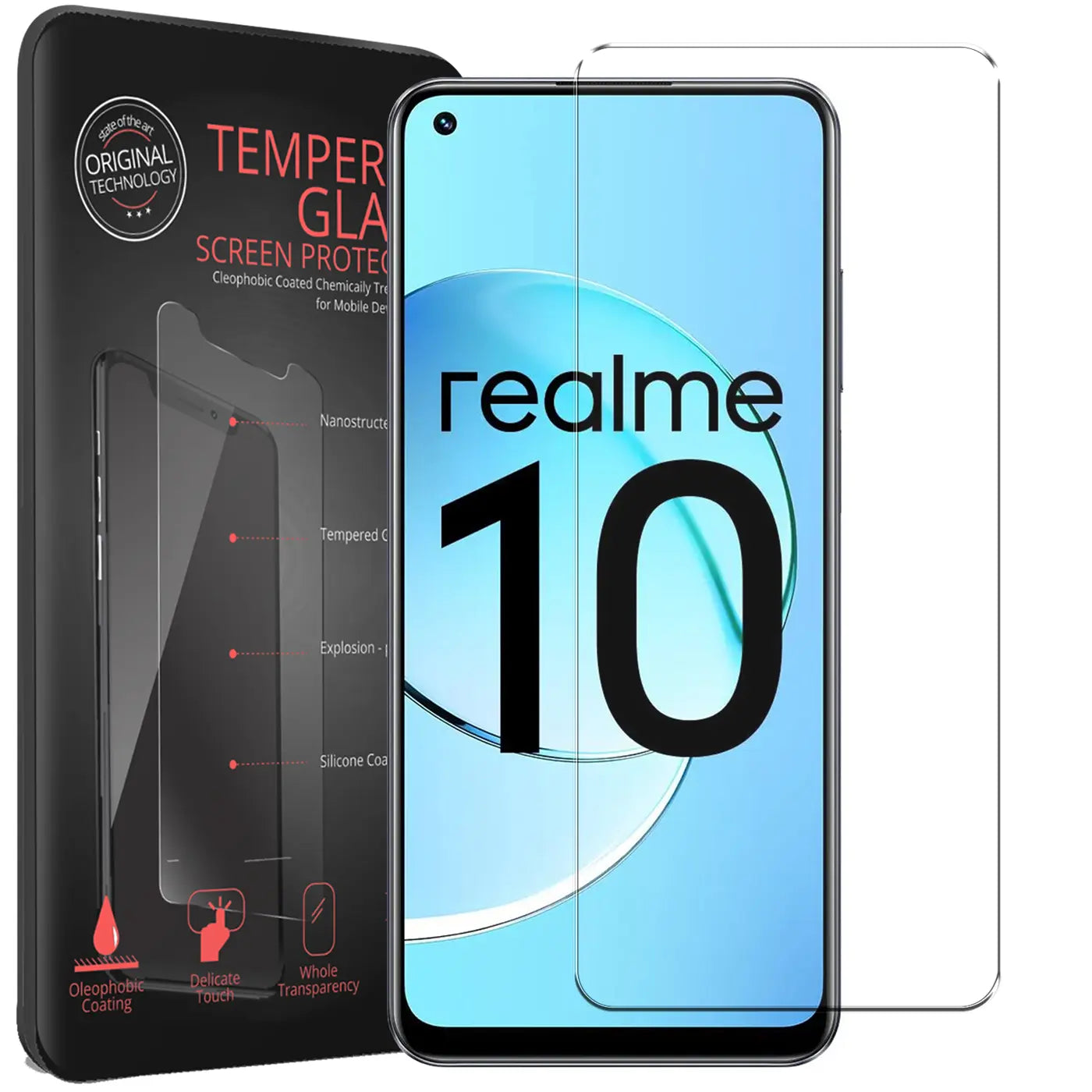 Schwarze Verpackung, Realme 10 4G Smartphone mit blauem Display und zwei transparente Panzerglas-Displayschützer.