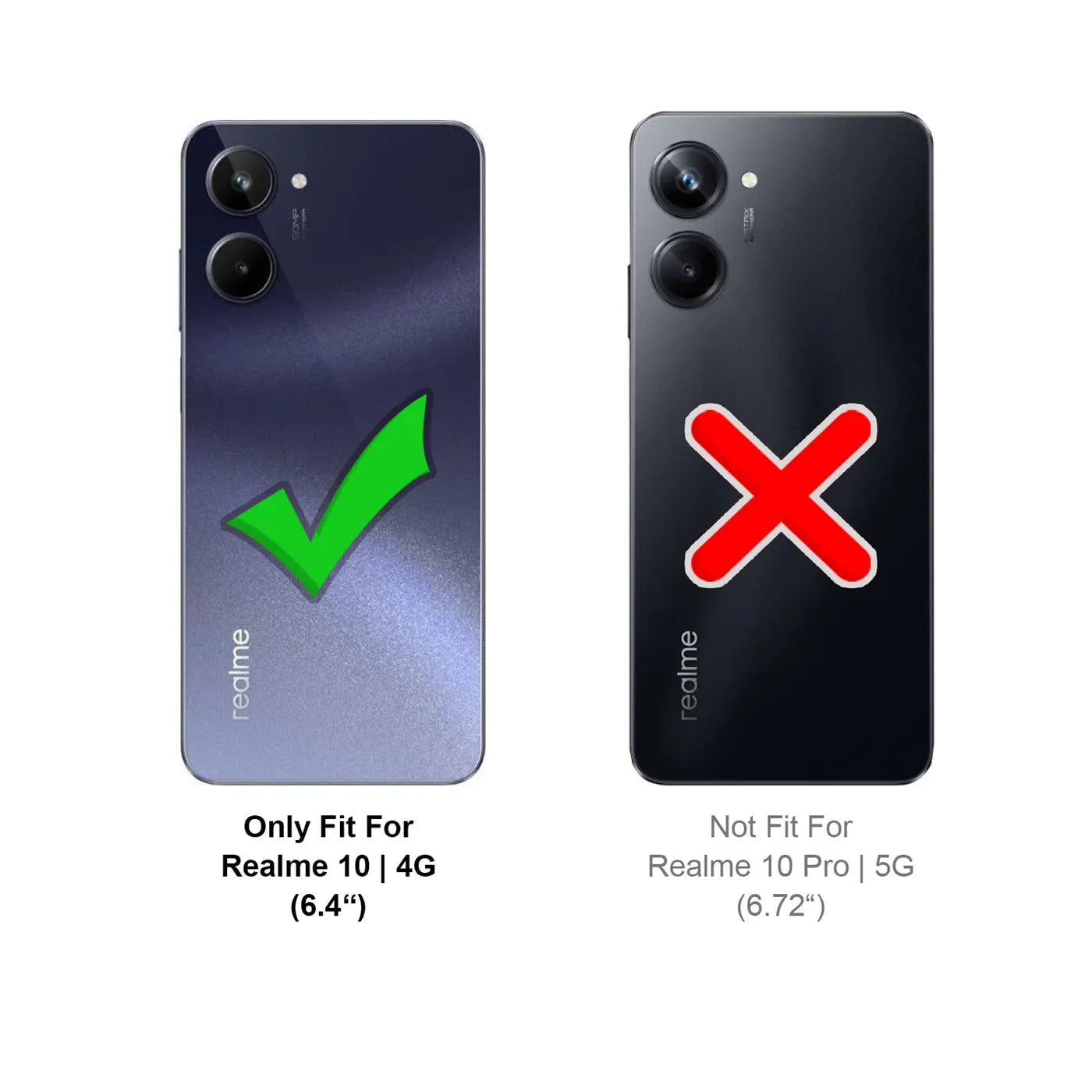Rückseite eines blauen Realme 10 4G mit grünem Haken und eines schwarzen Realme 10 Pro 5G mit rotem X.