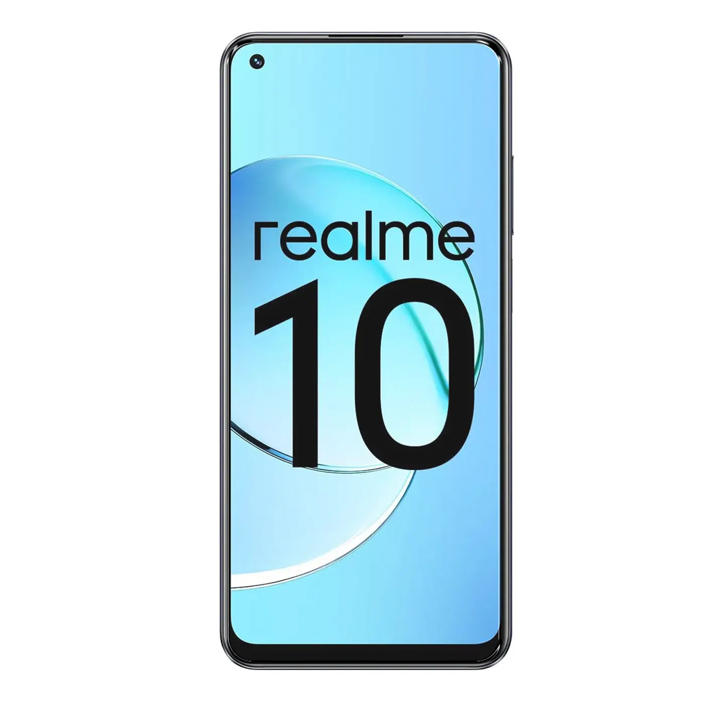 Realme 10 4G Smartphone, schwarz, frontal. Display zeigt "realme 10" auf blauem Hintergrund.