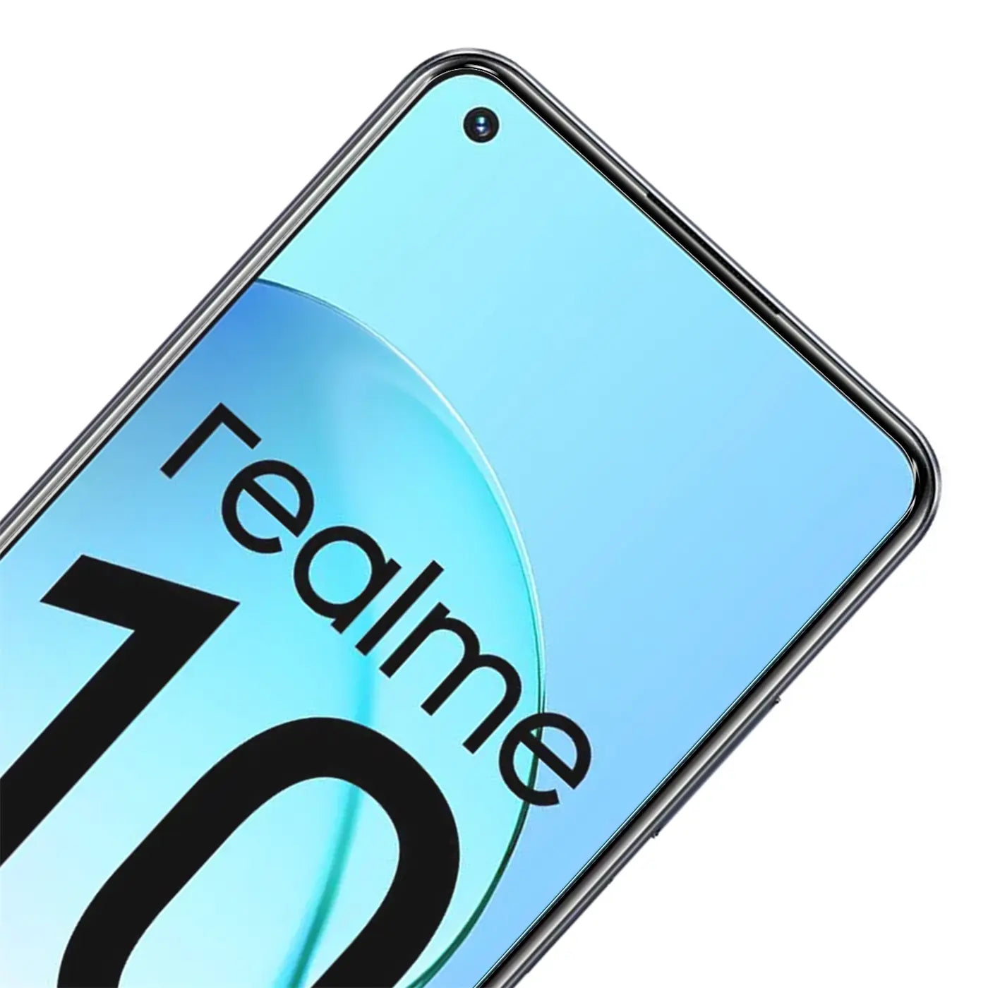 Nahaufnahme eines Realme 10 4G Smartphones mit blauem Display und schwarzem "realme 10" Logo, schräg von oben.