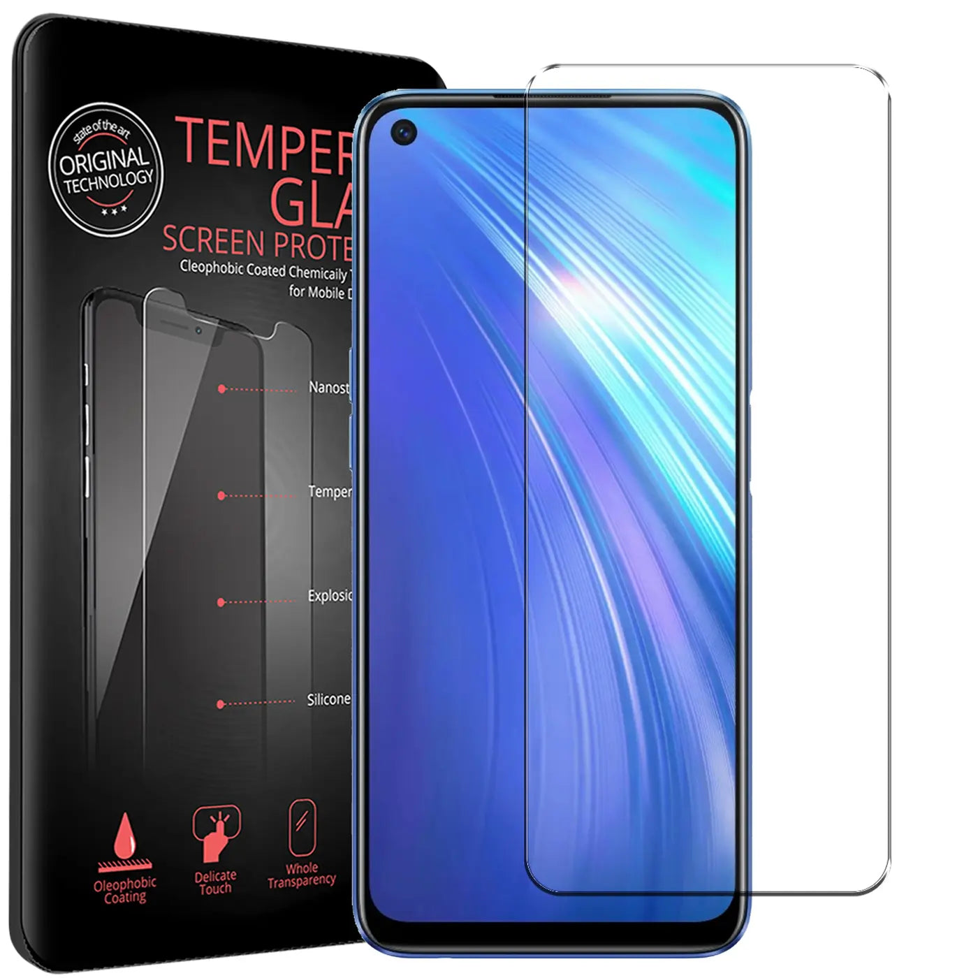 Zwei transparente Panzerglas-Displayschutzfolien für Realme 6/6S, eine auf blauem Handy, eine daneben. Schwarze Verpackung.