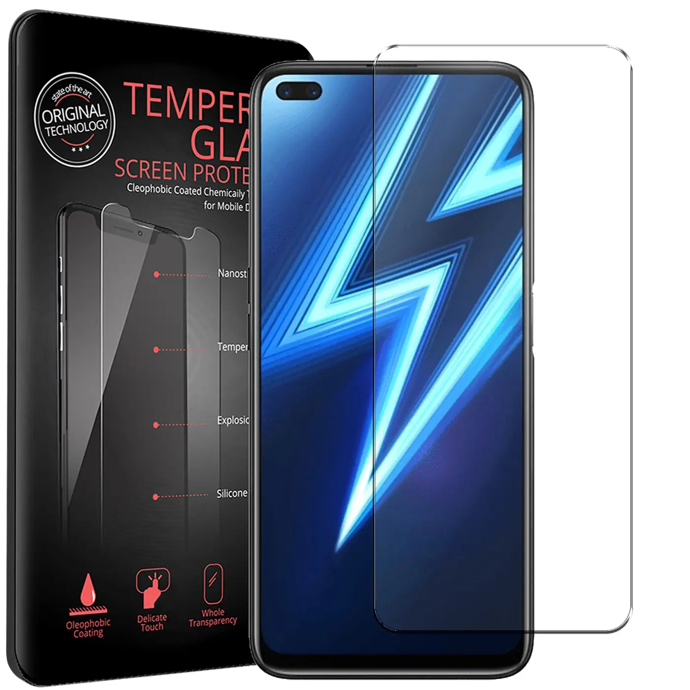 Schwarzes Realme 6 Pro mit blauem Display, daneben ein Panzerglas und die schwarze Produktverpackung.