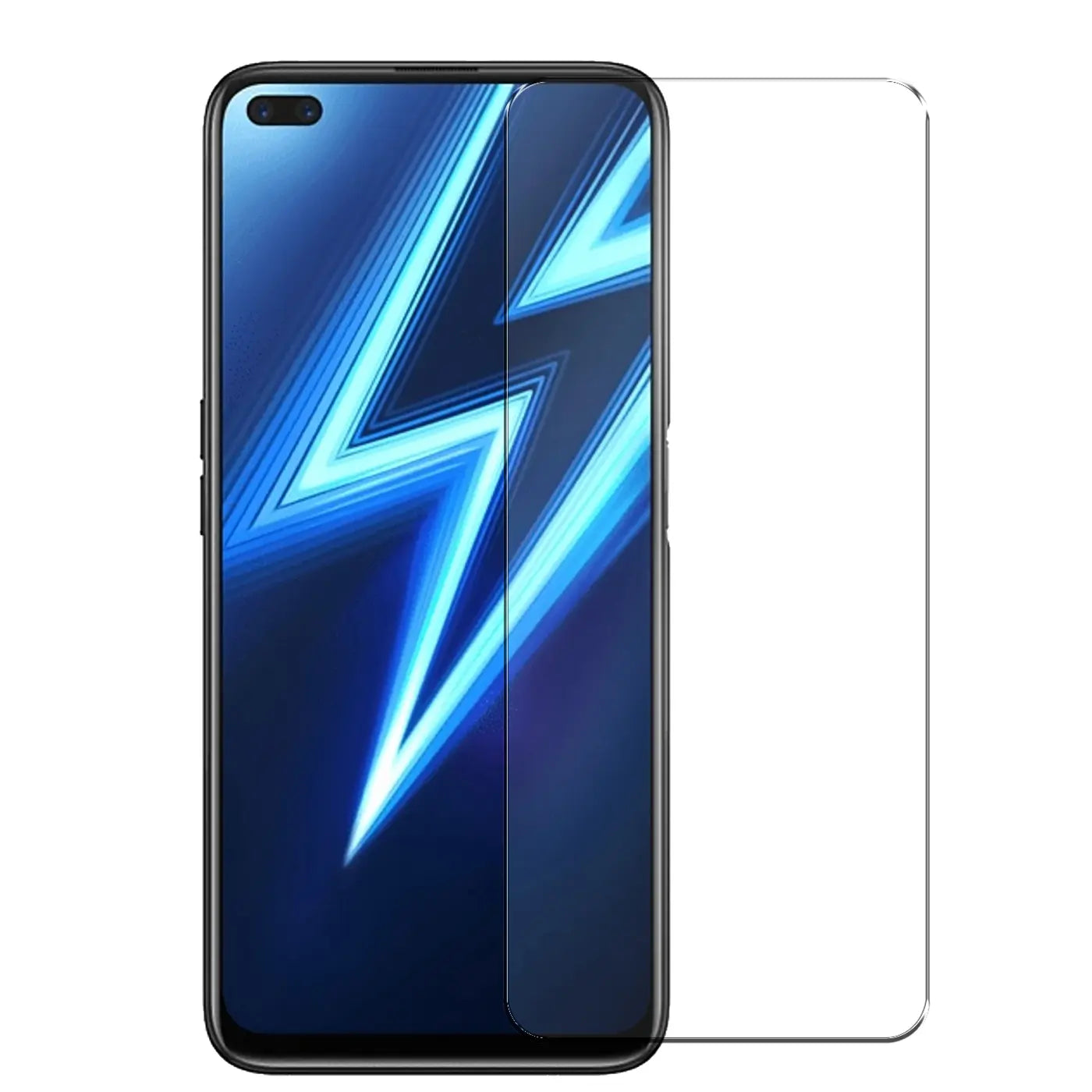 Realme 6 Pro Smartphone mit schwarzem Rahmen, Display mit blauem Blitzmuster, daneben ein klarer Panzerglas-Displayschutz.
