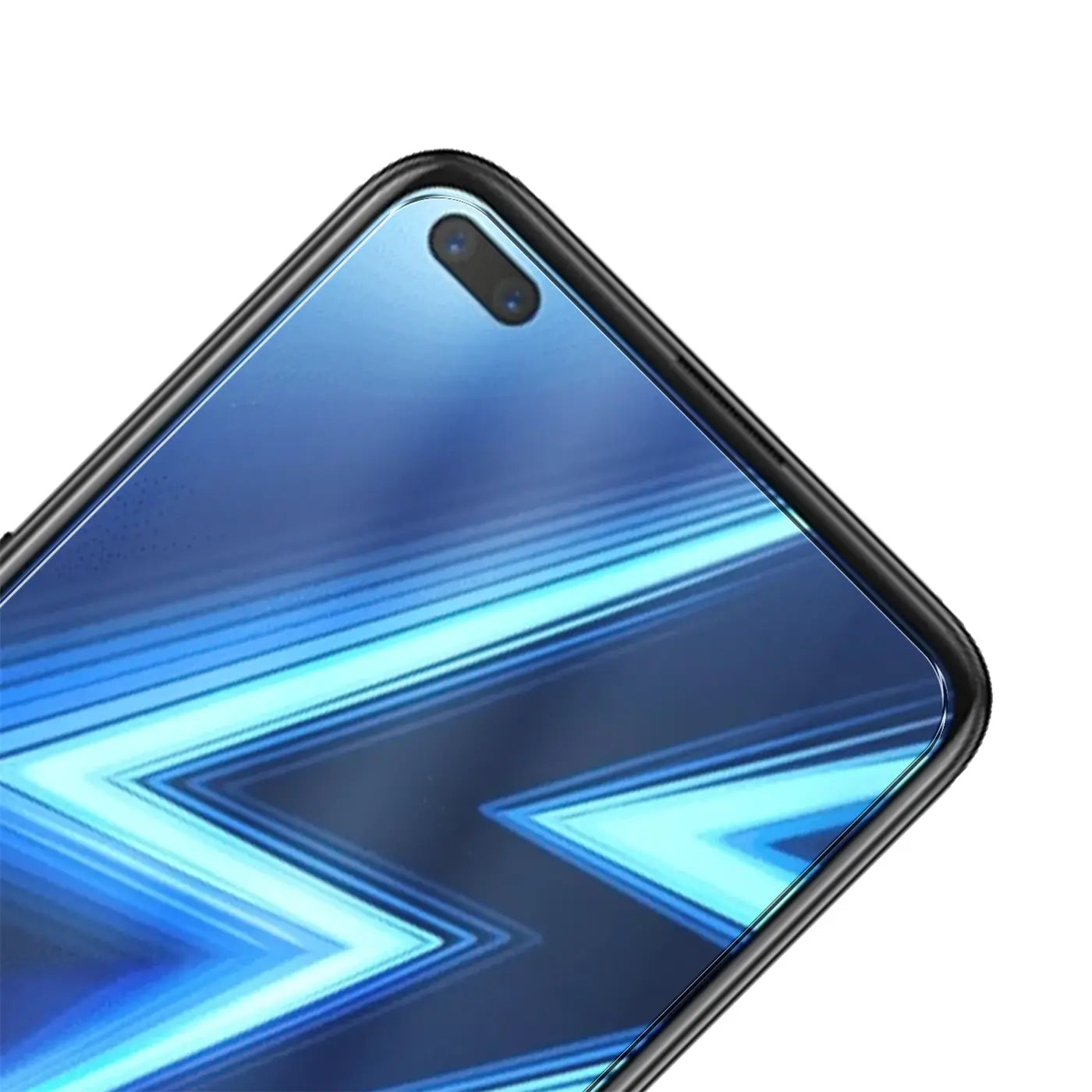 Realme 6 Pro mit schwarzem Panzerglas Displayschutz, schräg von oben rechts, mit blauer Hintergrundbeleuchtung.