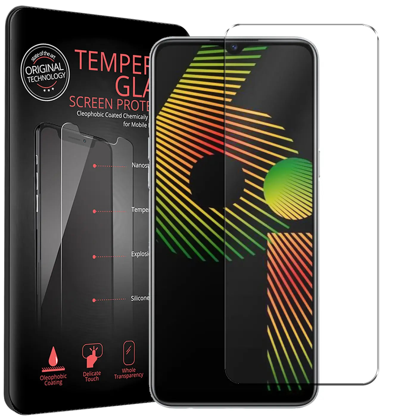 Schwarze Verpackung für Panzerglas, ein Realme 6i Smartphone mit Panzerglas und ein weiteres Panzerglas daneben.