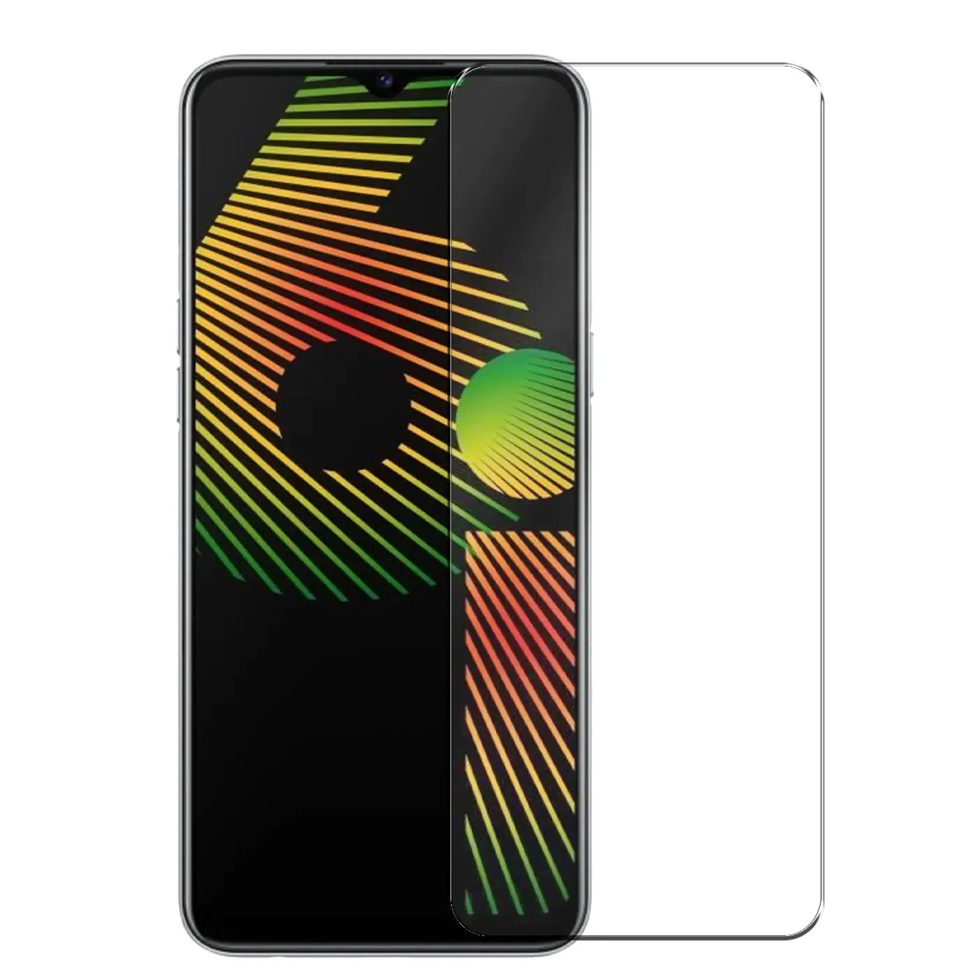 Realme 6i Handy mit schwarzem Display und transparentem Panzerglas-Displayschutz daneben, frontal.