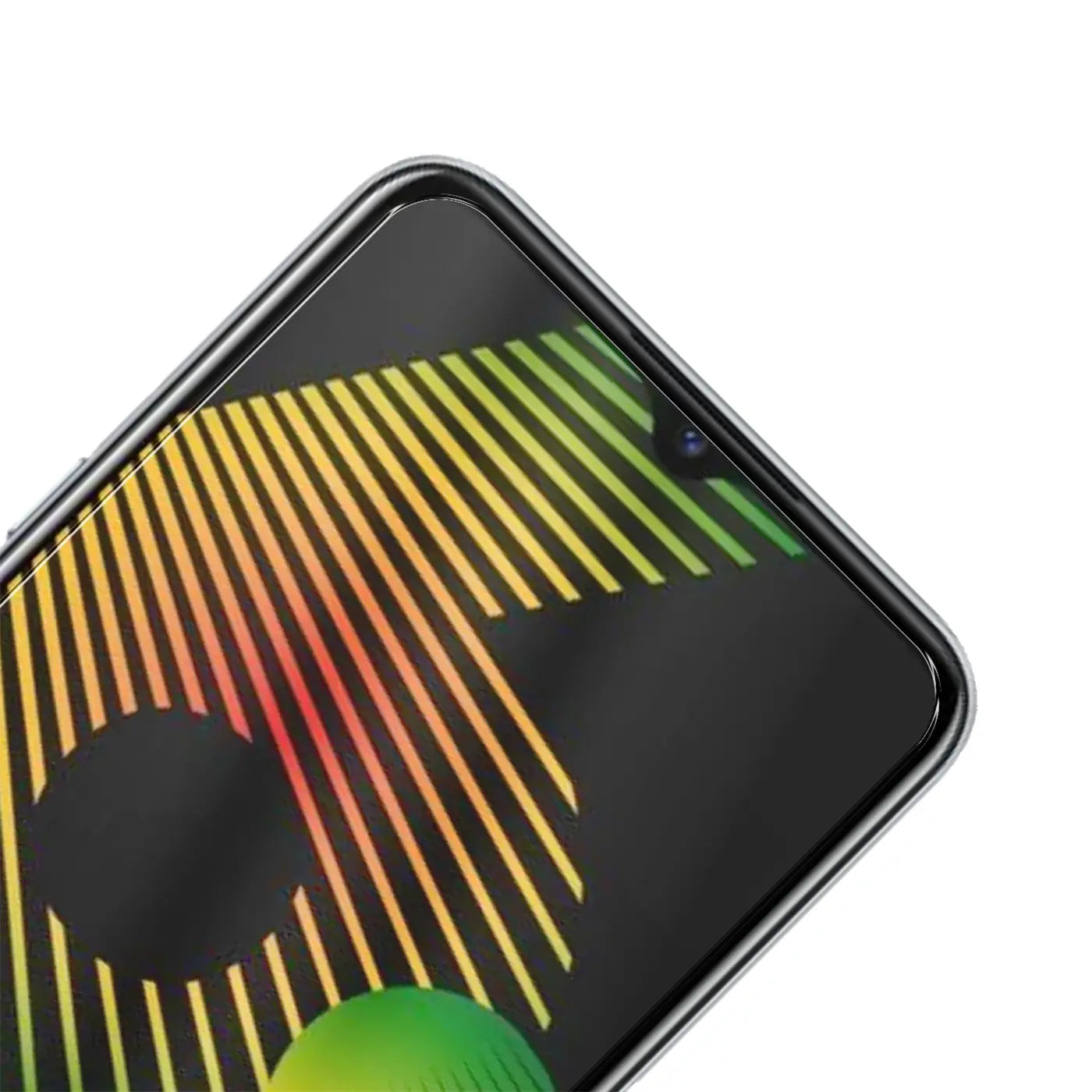 Nahaufnahme des oberen Bereichs eines Realme 6i mit Panzerglas-Displayschutz, schräg von oben.
