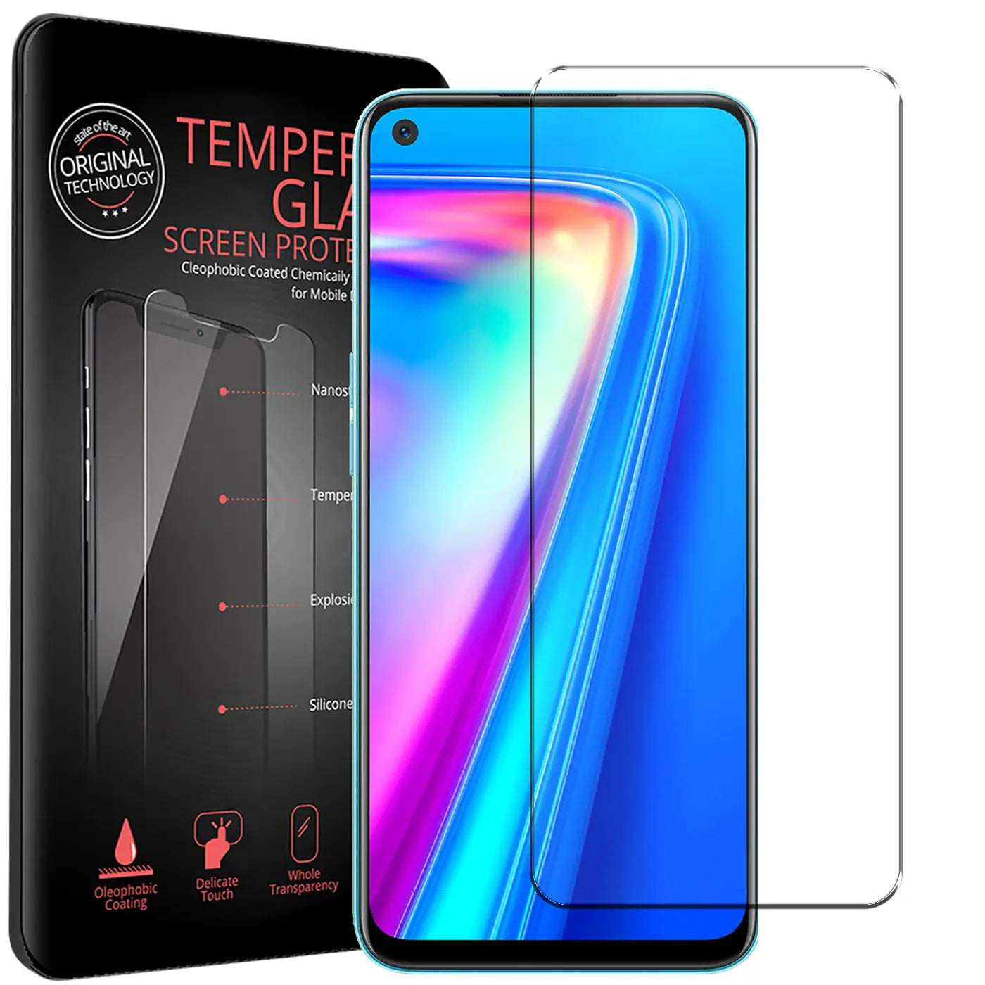 Schwarze Verpackung mit Text und zwei Panzerglas-Displayschutzfolien neben einem Realme 7 5G Smartphone.