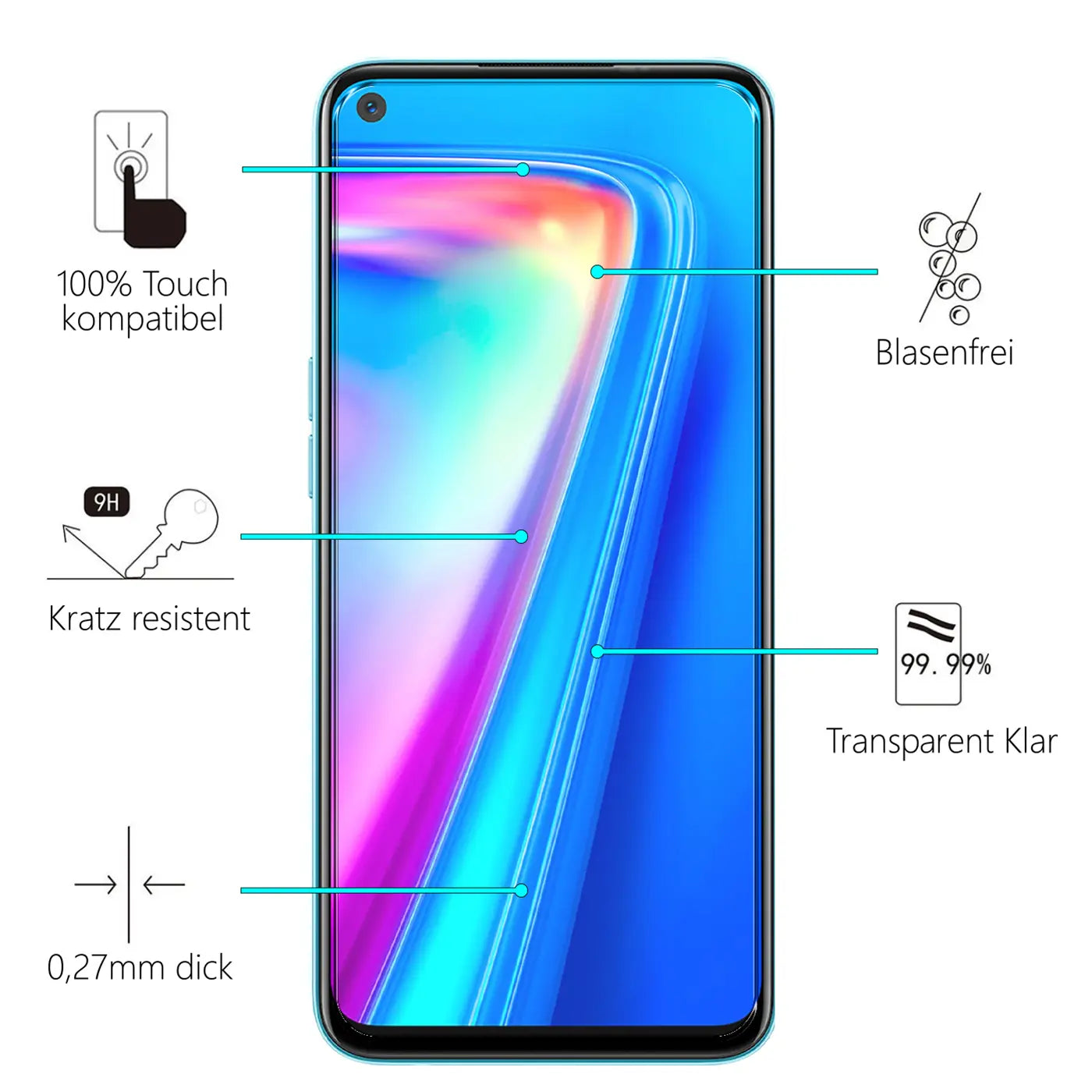 Realme 7 5G Handy mit transparentem Panzerglas-Displayschutz, Frontansicht, umgeben von Produktmerkmalen.