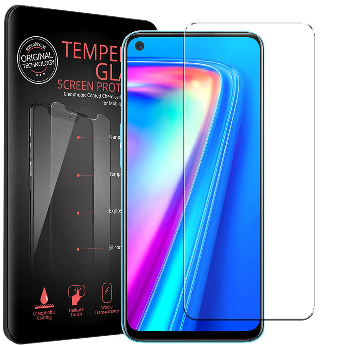 Schwarze Verpackung mit "TEMPERED GLASS" Schriftzug, daneben ein Realme 7 Smartphone mit aufgelegtem, transparentem.