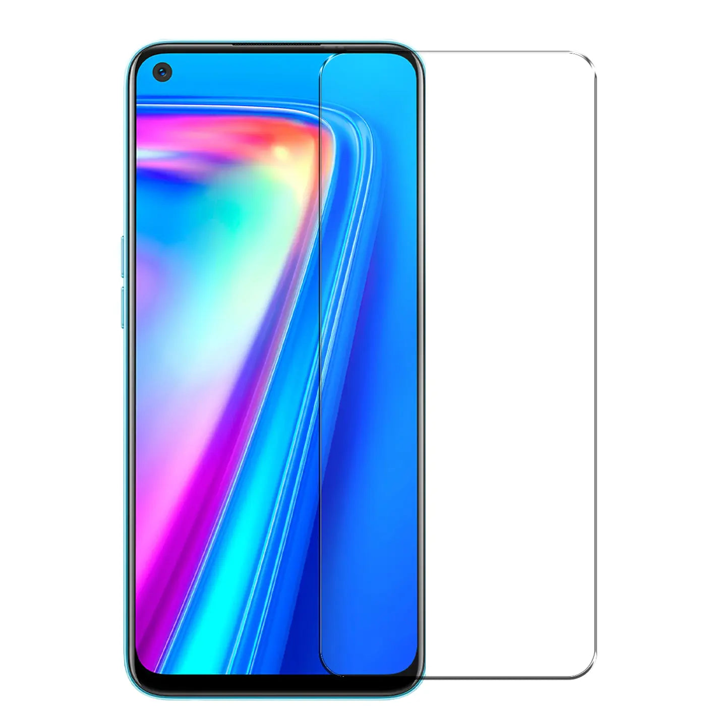 Realme 7 Smartphone, blau, frontal, mit halb aufgelegtem, transparentem Panzerglas-Displayschutz.
