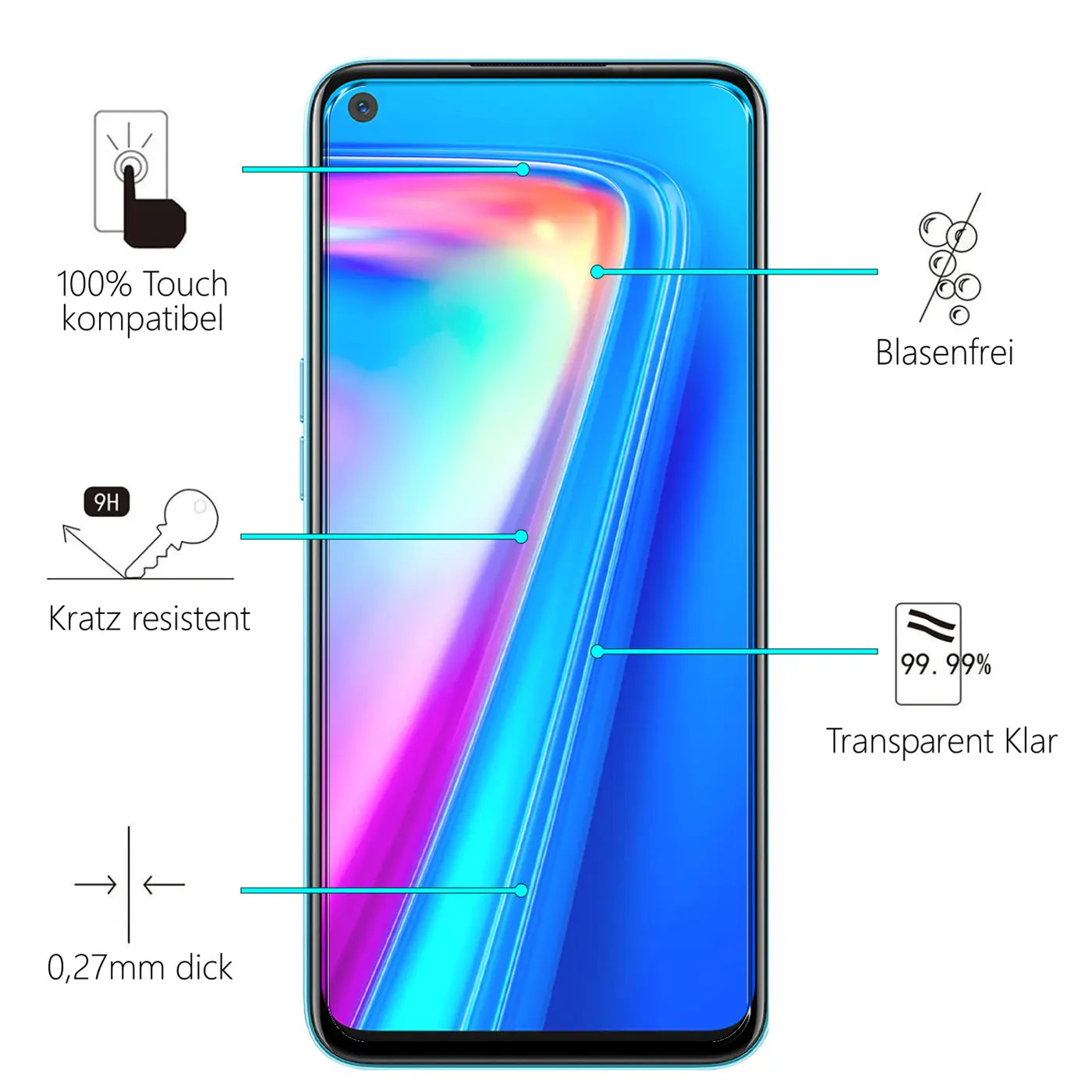 Realme 7 Smartphone mit Panzerglas-Displayschutz, Frontansicht. Eigenschaften: 100% Touch, kratzresistent, blasenfrei.