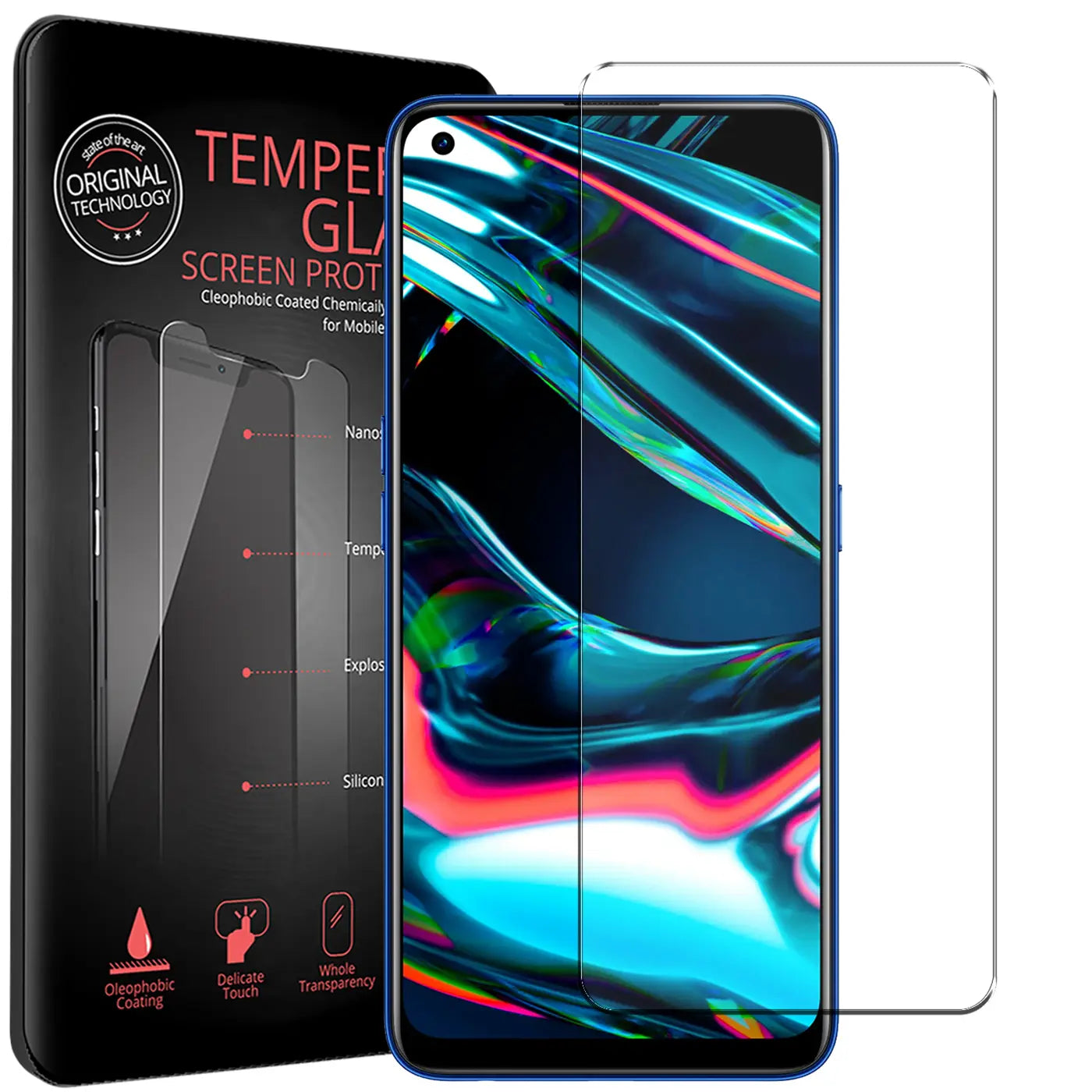 Schwarze Verpackung für Panzerglas, daneben ein blaues Realme 7 Pro mit aufgebrachtem Panzerglas und ein zweites daneben.