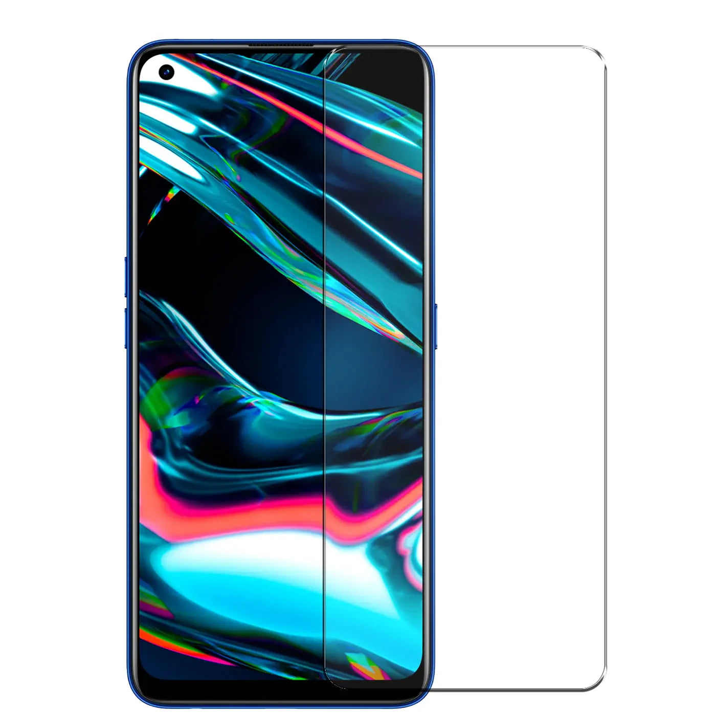 Blaues Realme 7 Pro Smartphone mit Display-Hintergrundbild, davor zwei transparente Panzerglas-Displayschutzfolien.