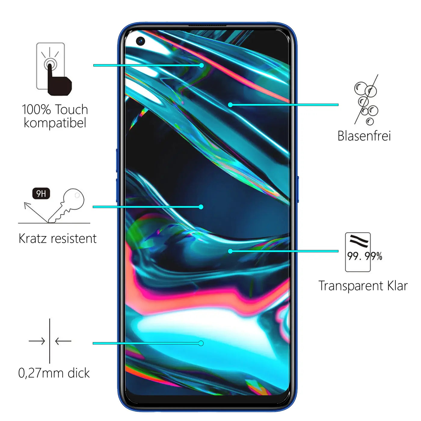 Blaues Realme 7 Pro Smartphone, frontal auf weißem Hintergrund, mit Infografiken zu Panzerglas-Eigenschaften.