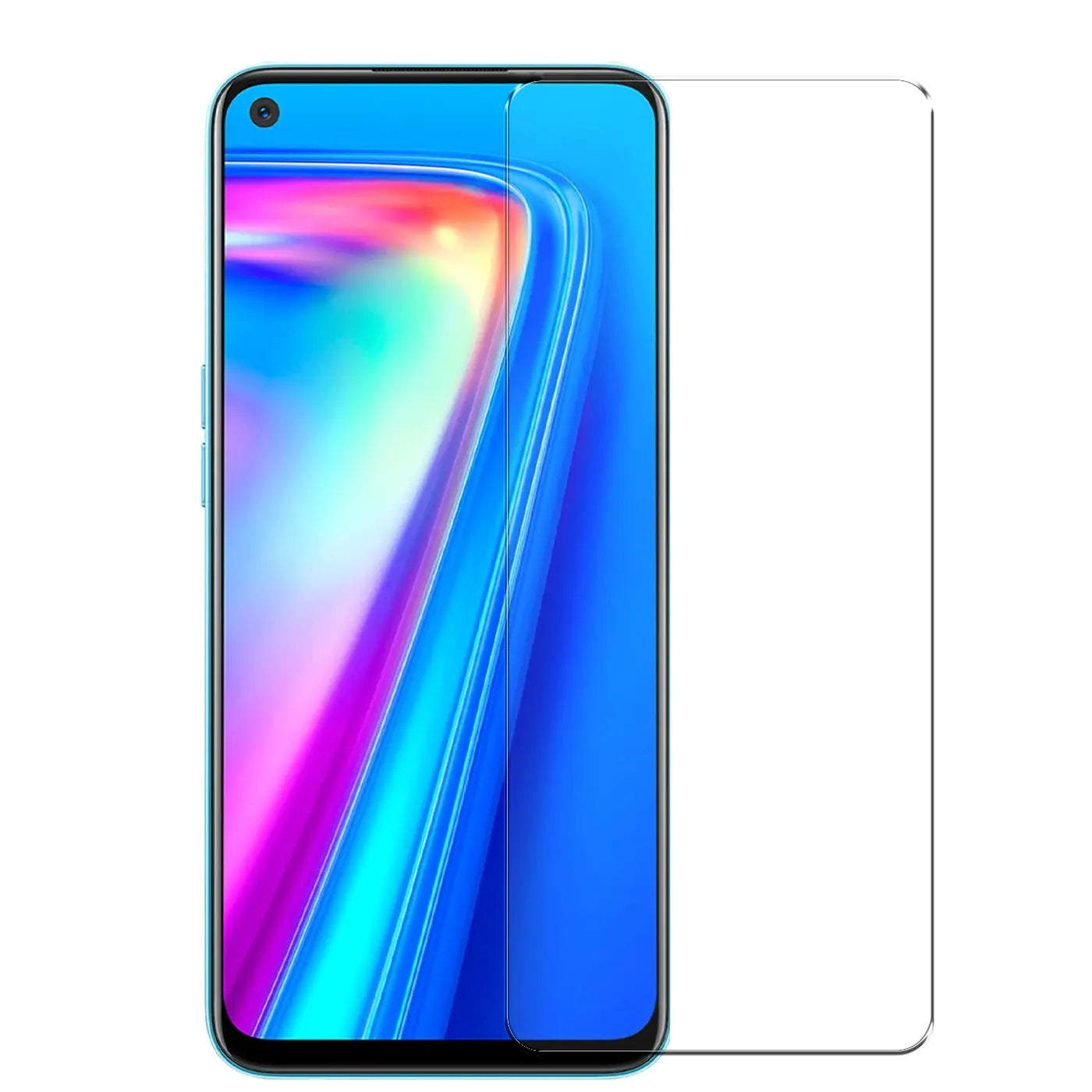 Realme 7i Handy mit blauem Display und daneben liegendem, transparentem Panzerglas-Displayschutz, von vorne.