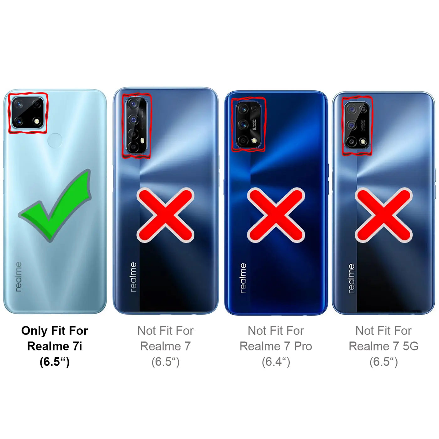 Vier Realme-Smartphones von hinten, hellblau, dunkelblau und grau. Haken bei Realme 7i, Kreuze bei anderen Modellen.