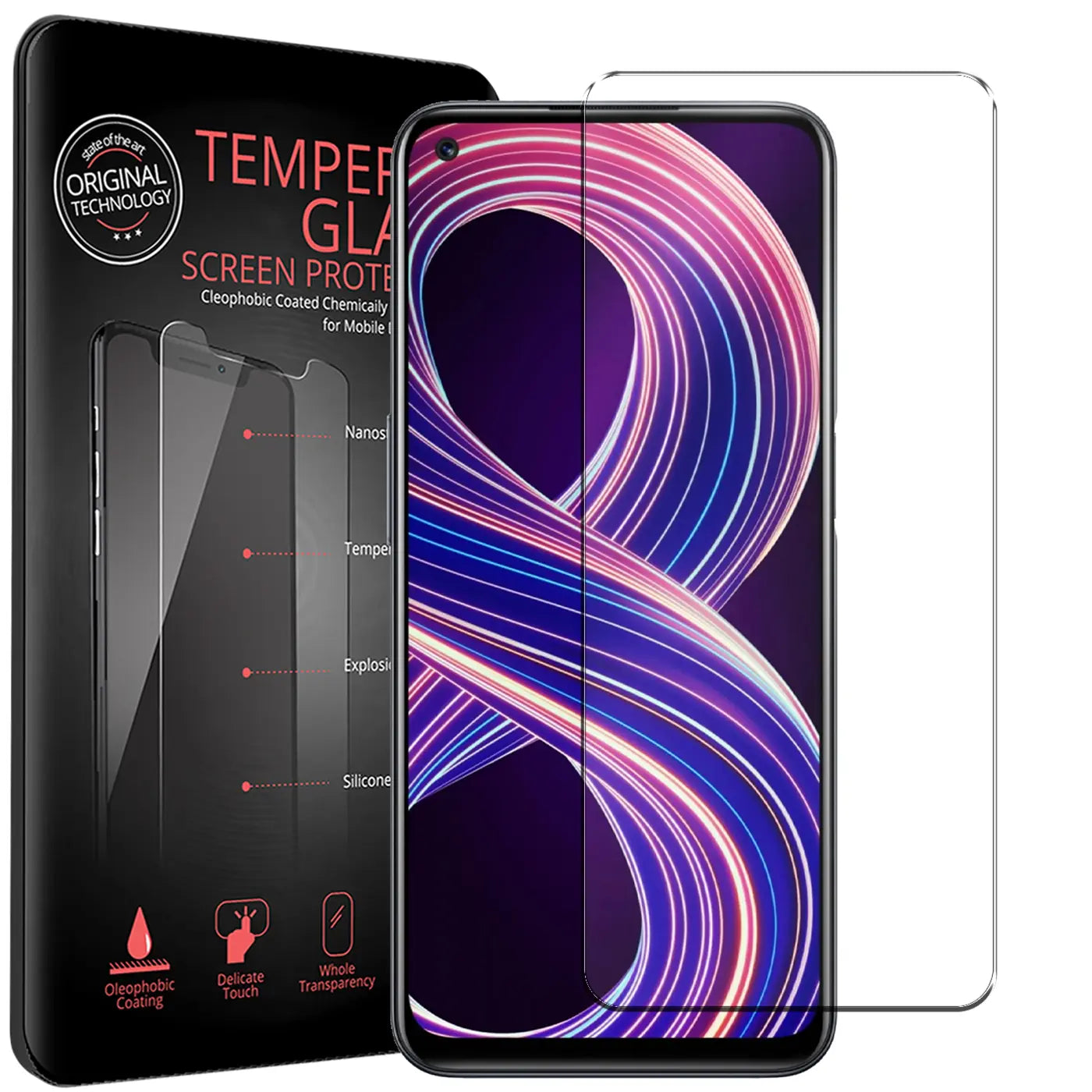 Schwarze Verpackung mit "TEMPER GLASS SCREEN PROTECTOR" Text, daneben ein Realme 8 5G mit klarem Panzerglas.