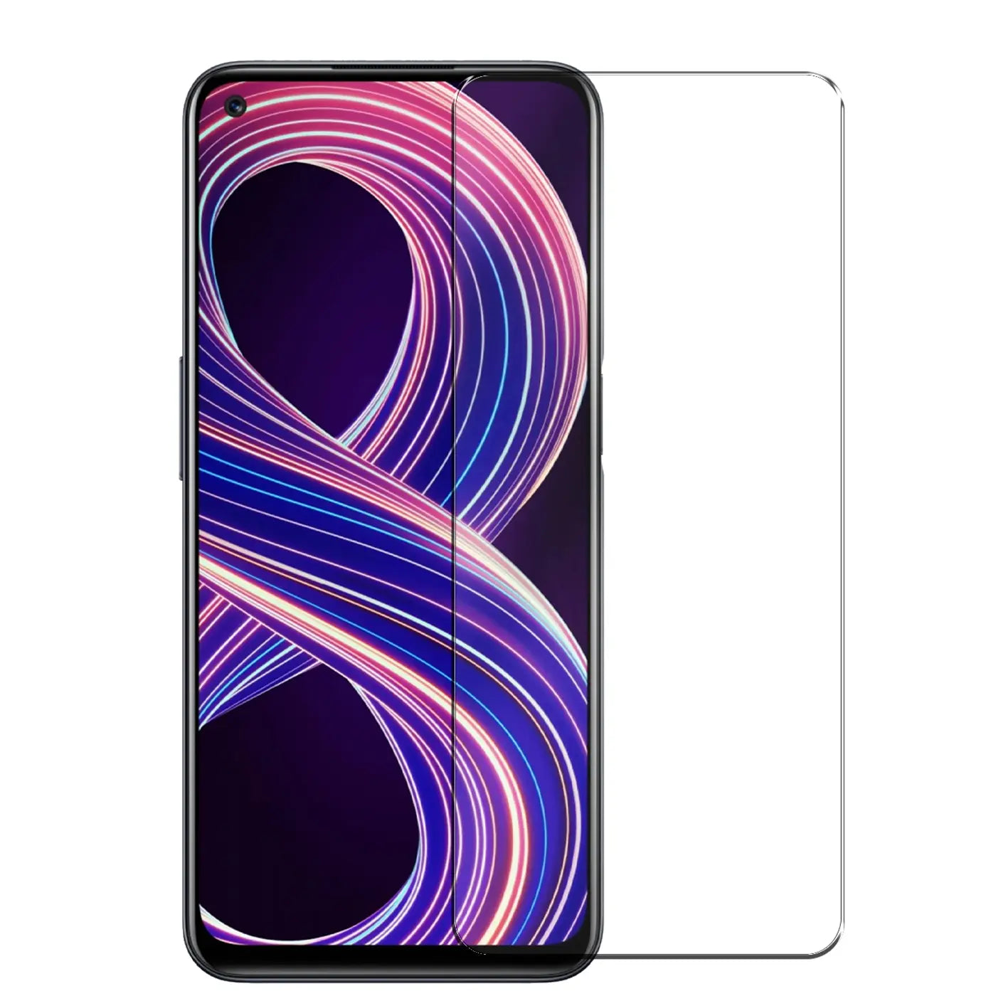 Realme 8 5G Smartphone, frontal, mit transparentem Panzerglas-Displayschutz daneben, auf weißem Hintergrund.