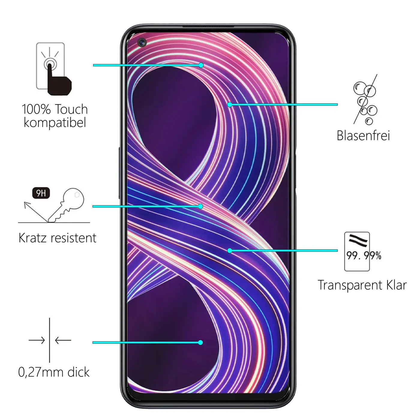 Realme 8 5G Smartphone, frontal, mit violettem Display und Infografiken zu Panzerglas-Eigenschaften.