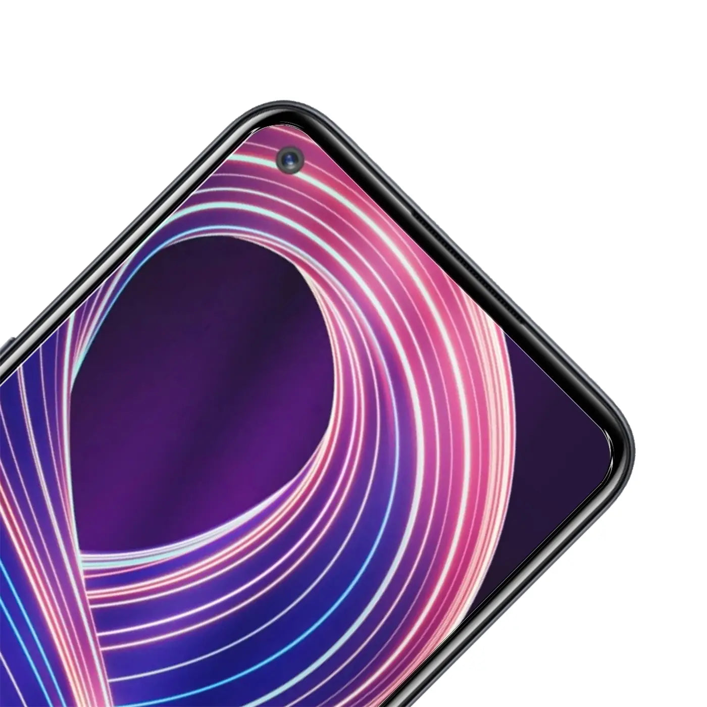 Nahaufnahme des oberen linken Bereichs eines Realme 8 5G Bildschirms mit Panzerglas, Frontkamera und lila-rosa Wallpaper.