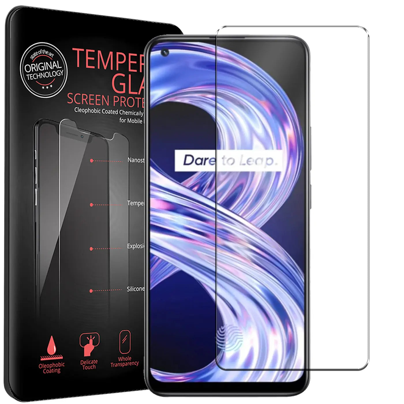 Schwarze Verpackung für Displayschutzfolien, daneben ein Realme 8/8 Pro mit angebrachter und einer weiteren Panzerglasfolie.