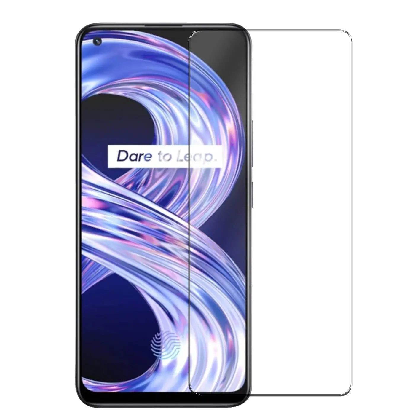 Ein schwarzes Realme 8 / 8 Pro Smartphone mit angebrachtem, transparentem Panzerglas-Displayschutz und einem weiteren.