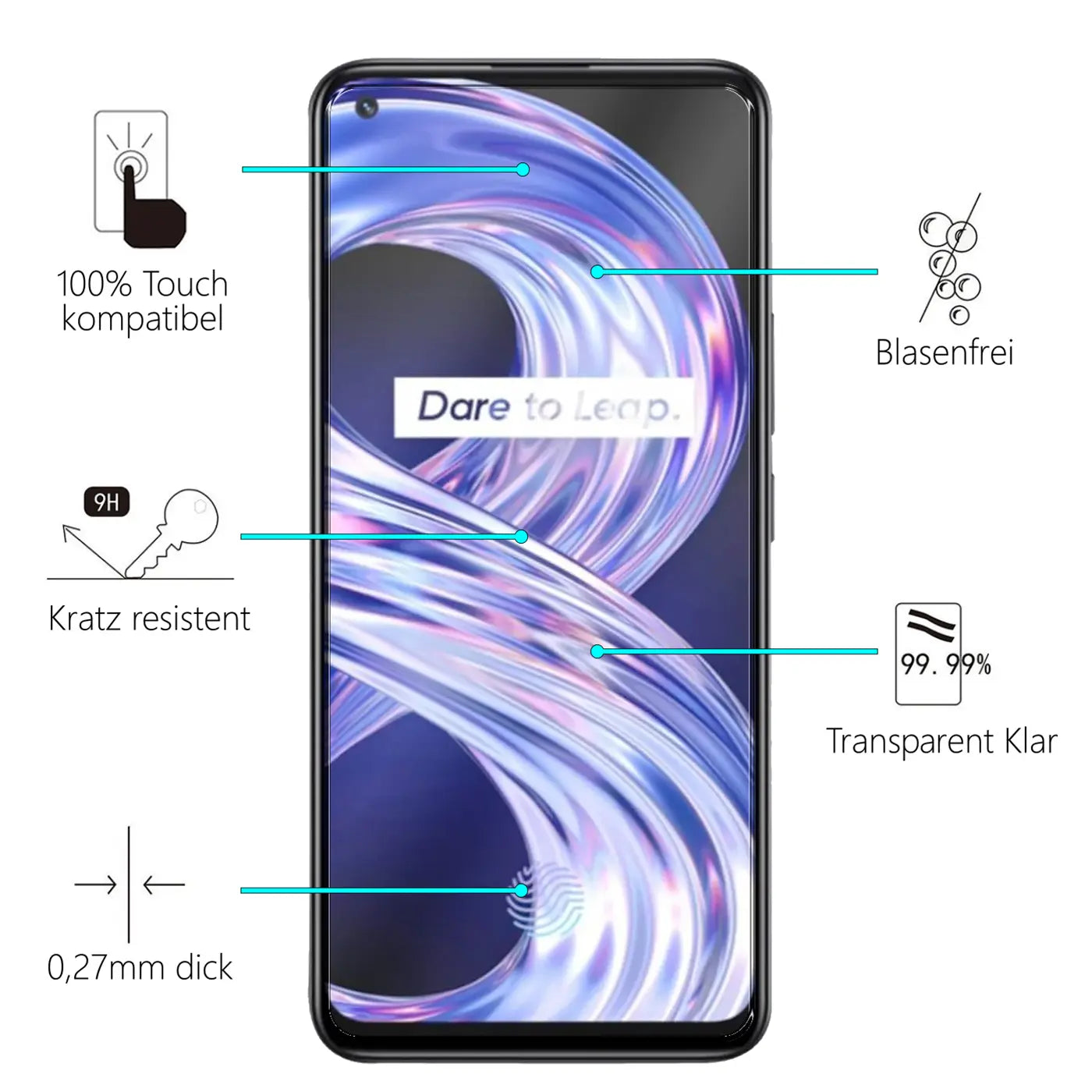 Schwarzes Realme 8 / 8 Pro Smartphone frontal mit lila Display-Hintergrund und Infografiken zu Displayschutz-Eigenschaften.