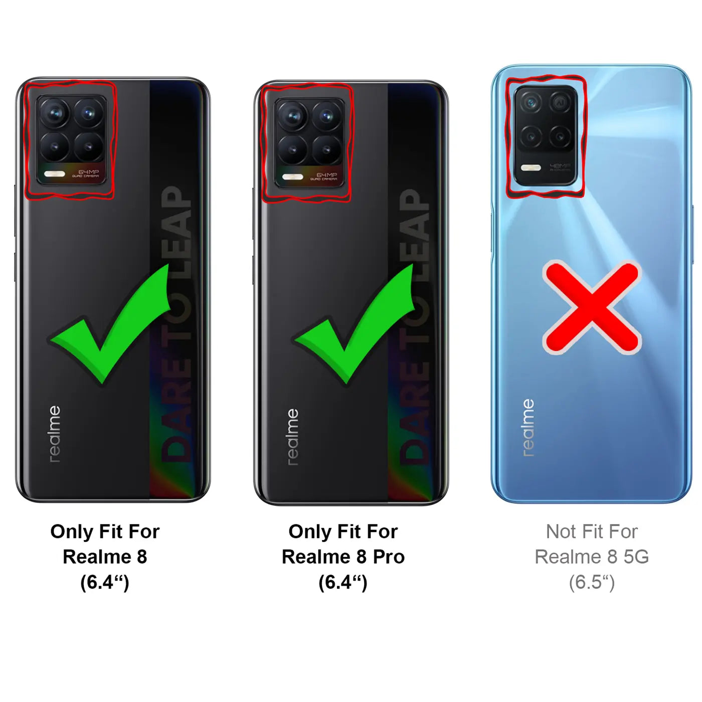Rückansicht von drei Realme Smartphones: zwei schwarze mit grünem Haken (8/8 Pro) und ein blaues mit rotem X (8 5G).