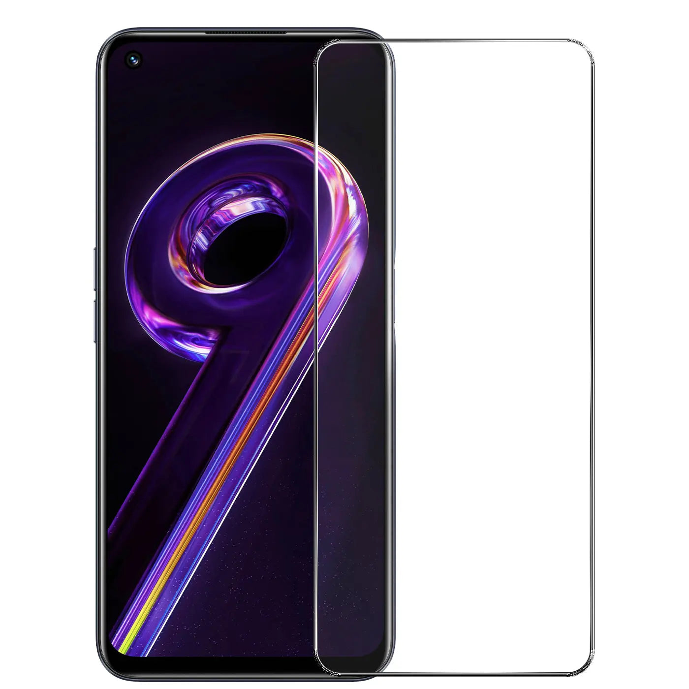 Realme 9 5G/9 Pro 5G: Ein transparentes Panzerglas liegt schräg über dem Display des schwarzen Smartphones.