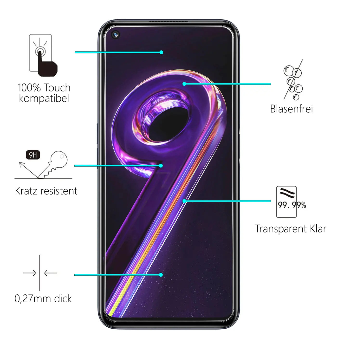 Schwarzes Realme 9 5G/9 Pro 5G Handy mit Panzerglas-Displayschutzfolie, frontal, Eigenschaften mit Text und Symbolen.