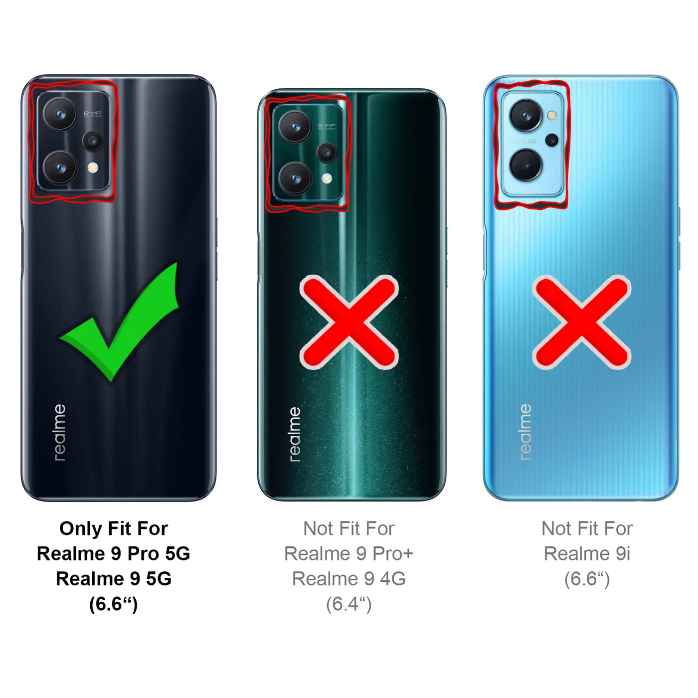 Rückansicht von drei Realme Smartphones (schwarz, türkis, blau) mit Kamera-Modulen, Haken und roten Kreuzen.