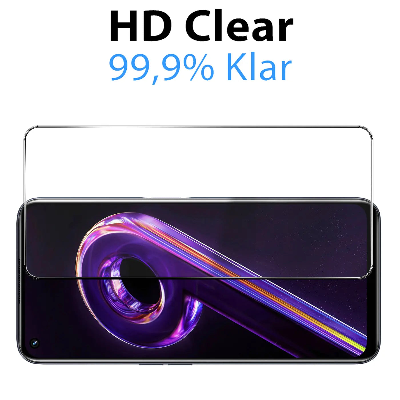 Klares Panzerglas für Realme 9 5G / 9 Pro 5G, von oben auf ein liegendes Smartphone blickend.