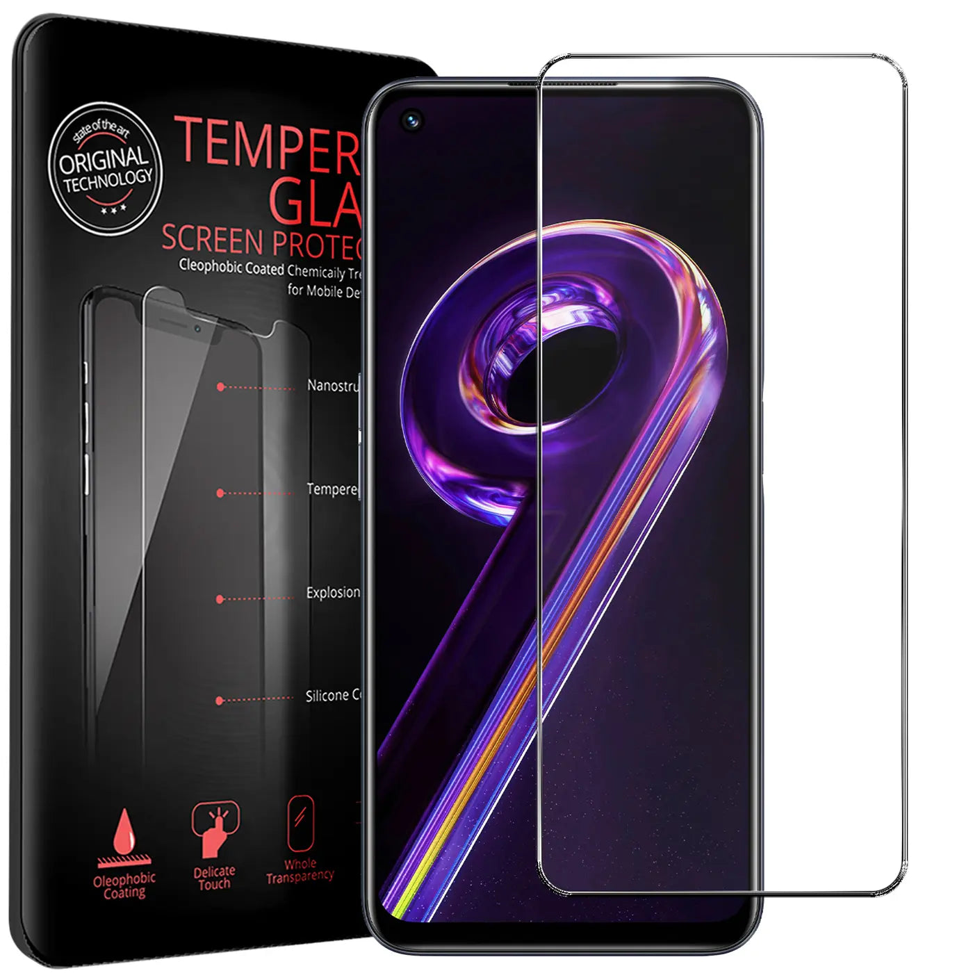 Schwarze Verpackung mit "TEMPER GLASS SCREEN PROTECTOR" und ein Realme 9 Pro+ mit transparentem Panzerglas.