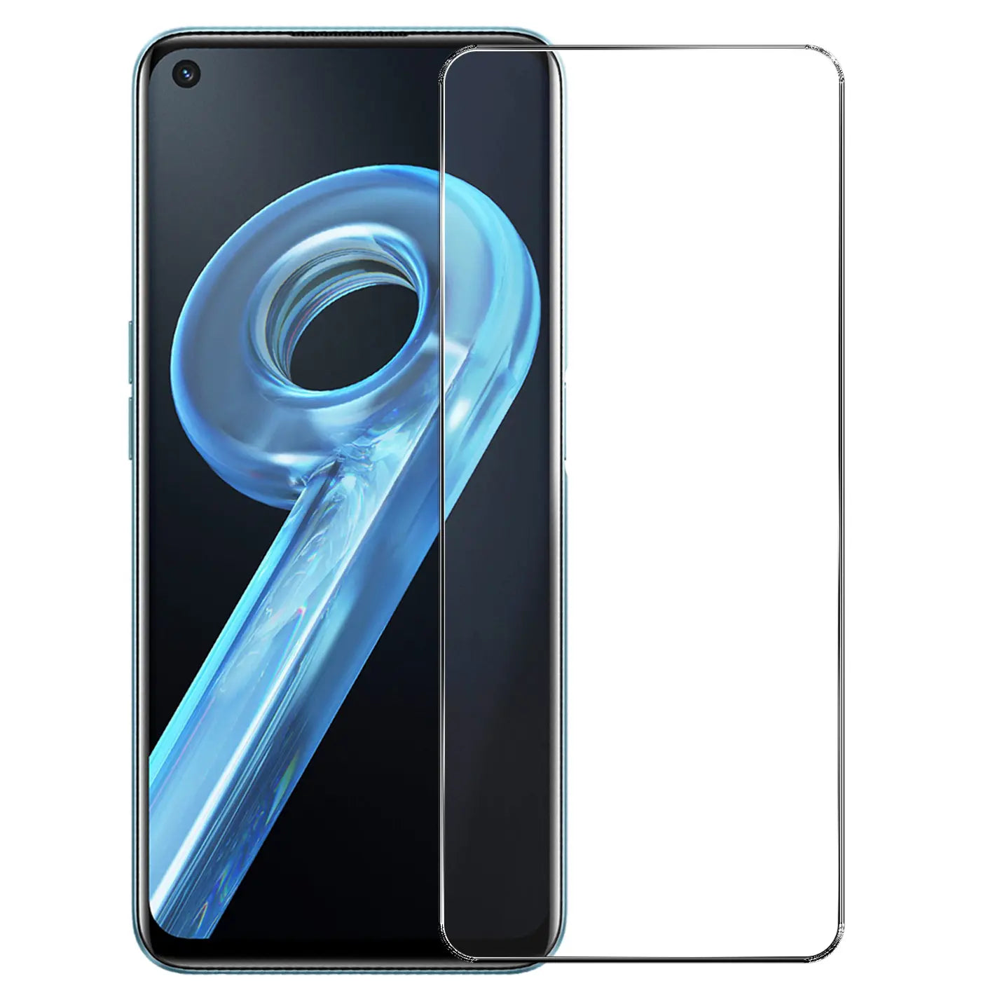 Realme 9i Smartphone, dunkelblau, schräg von vorne, mit transparentem Panzerglas-Displayschutz daneben.