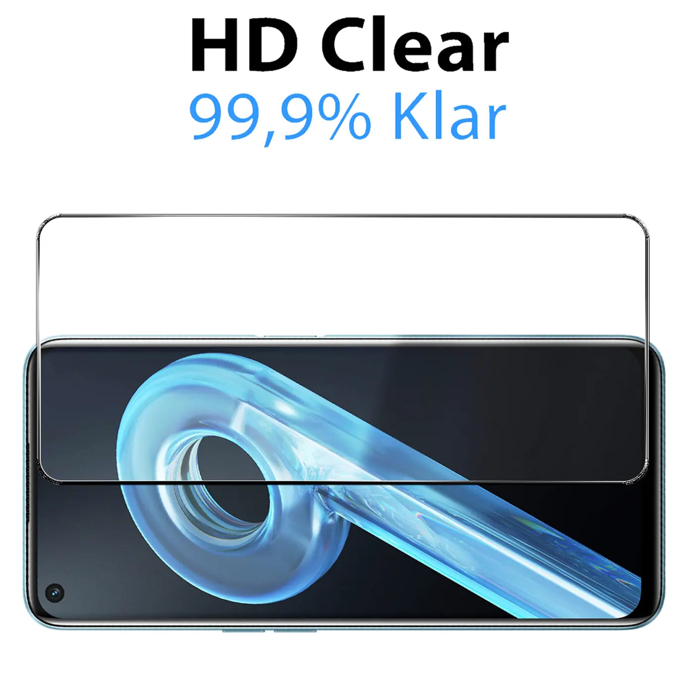 Klares Panzerglas Displayschutz für Realme 9i, von oben auf das Display gelegt, mit schwarzem Text "HD Clear 99,9% Klar".