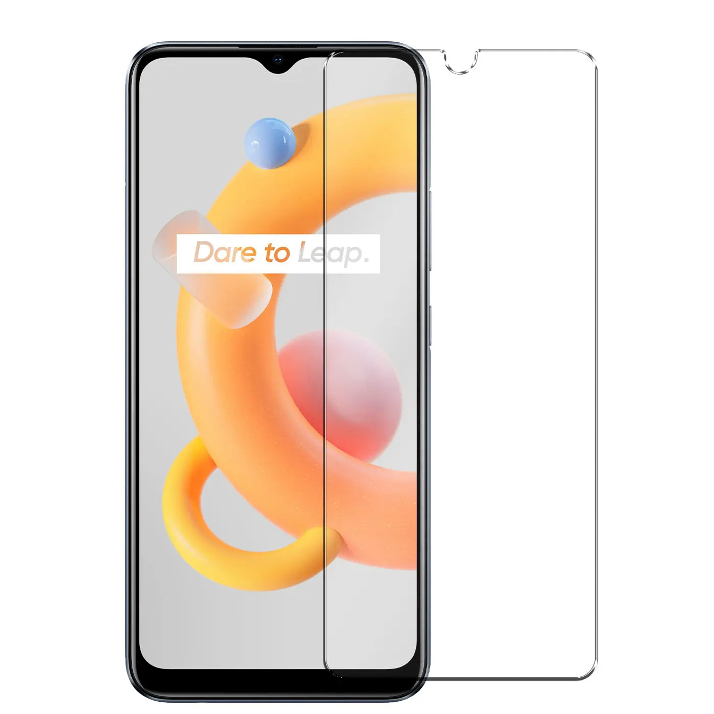 Realme C11 Smartphone mit transparentem Panzerglas-Displayschutz, von vorne, leicht nach rechts versetzt.