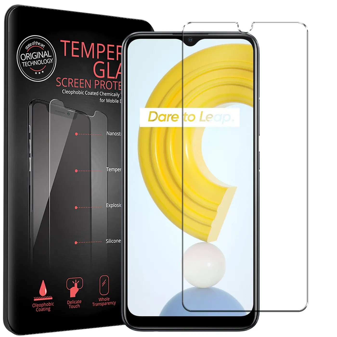 Zwei klare Panzergläser für Realme C21, eines auf dem Display, eines daneben. Links die schwarze Verpackung.